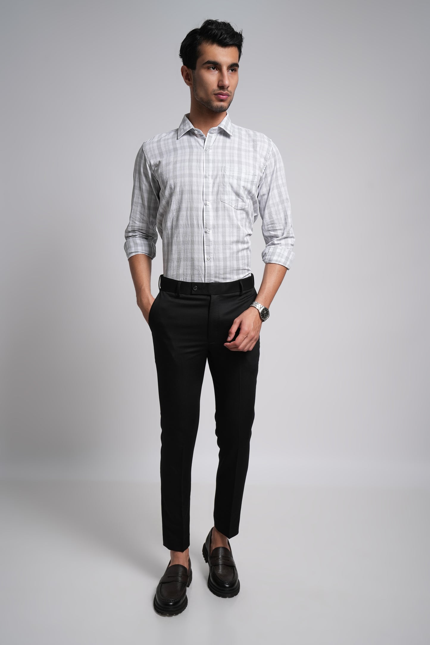 Light Gray Workflow Cotton Checks Shirt - 7757