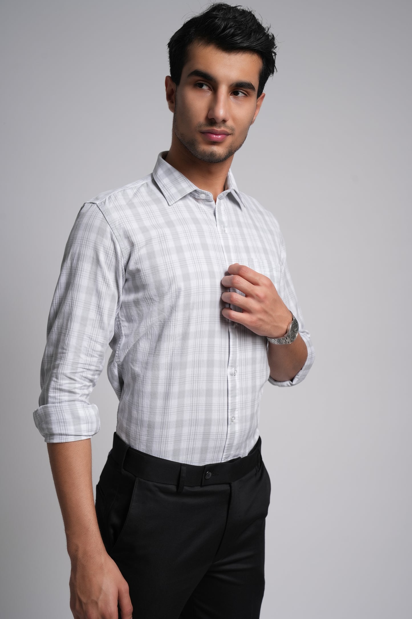Light Gray Workflow Cotton Checks Shirt - 7757