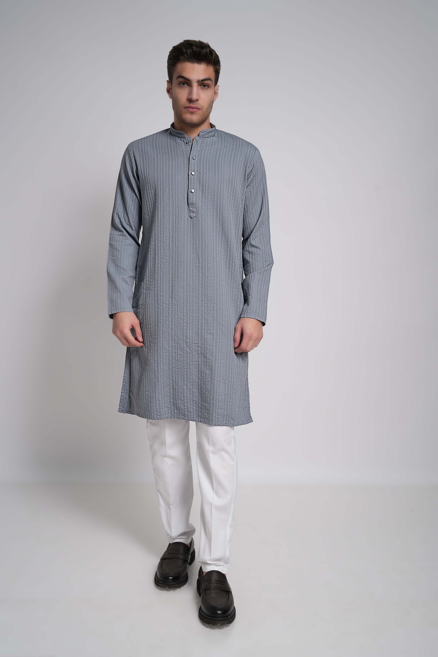Light Steel Blue Workflow Cotton Long Kurta With Polo Pants Pajama - 10302