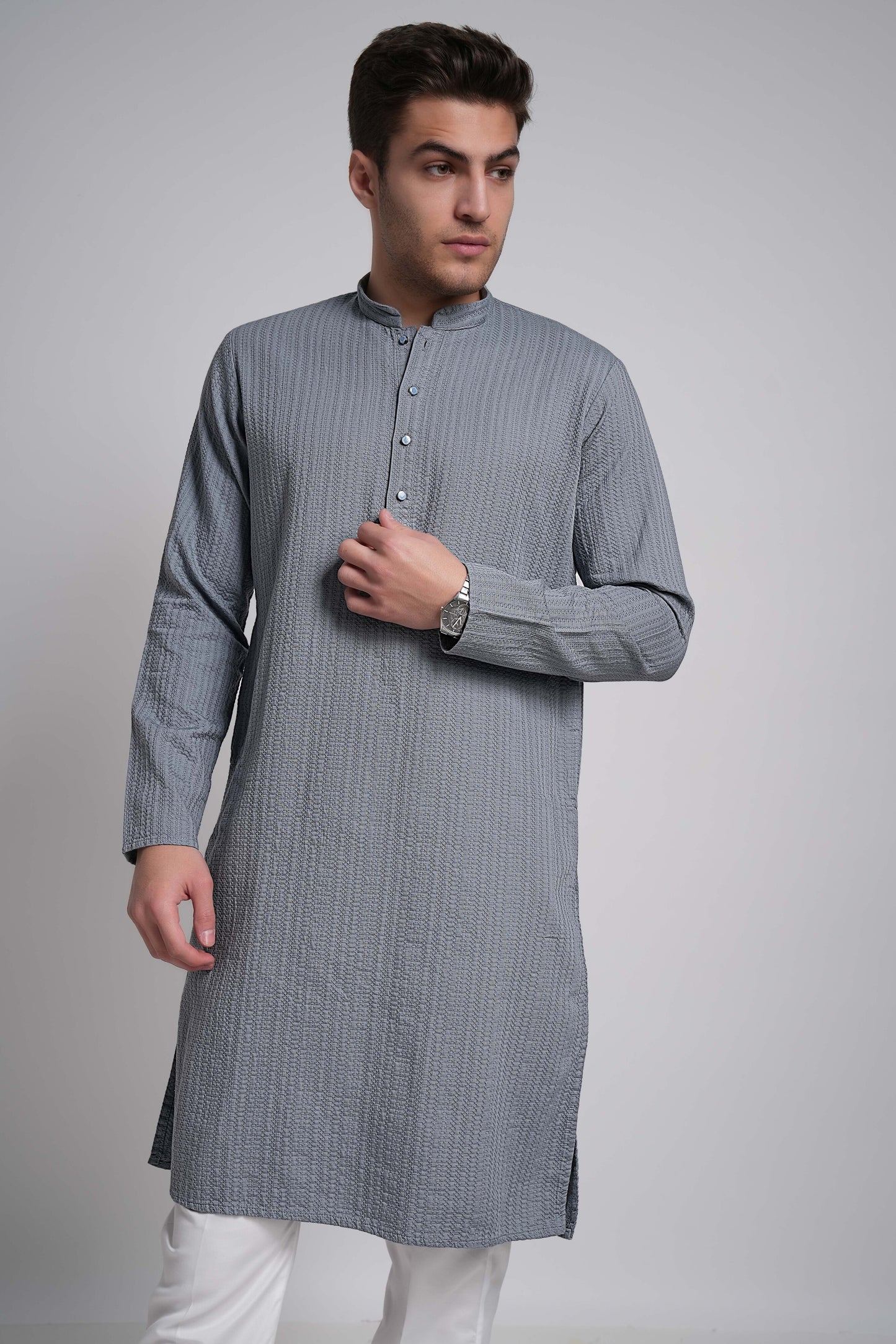Light Steel Blue Workflow Cotton Long Kurta With Polo Pants Pajama - 10302