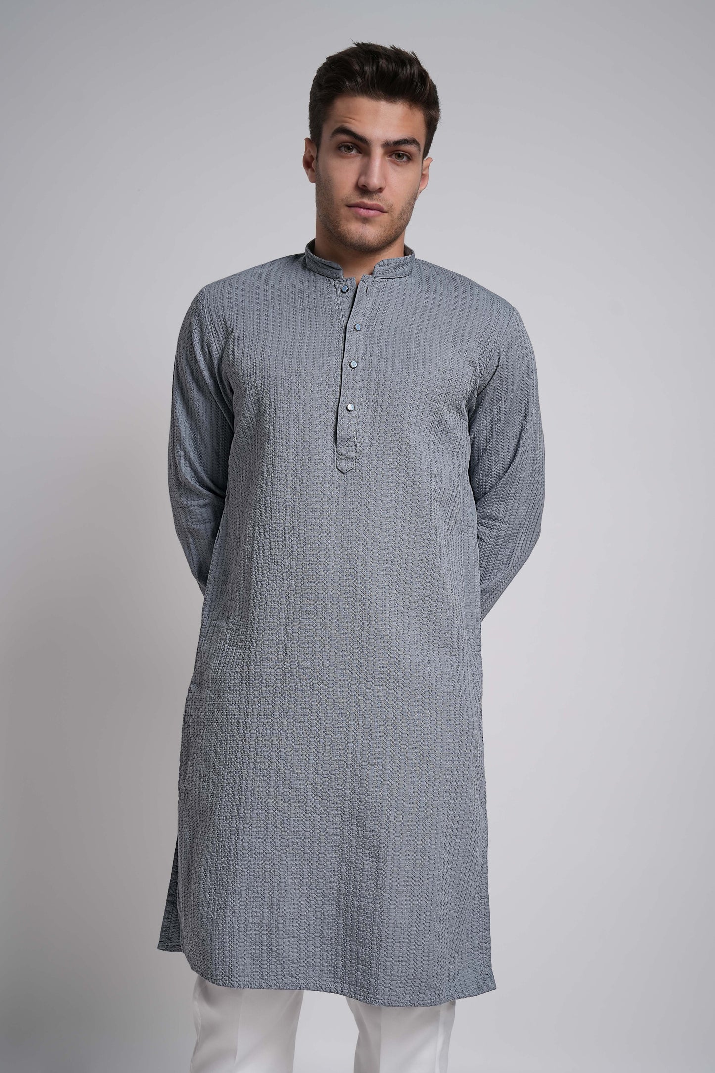 Light Steel Blue Workflow Cotton Long Kurta With Polo Pants Pajama - 10302