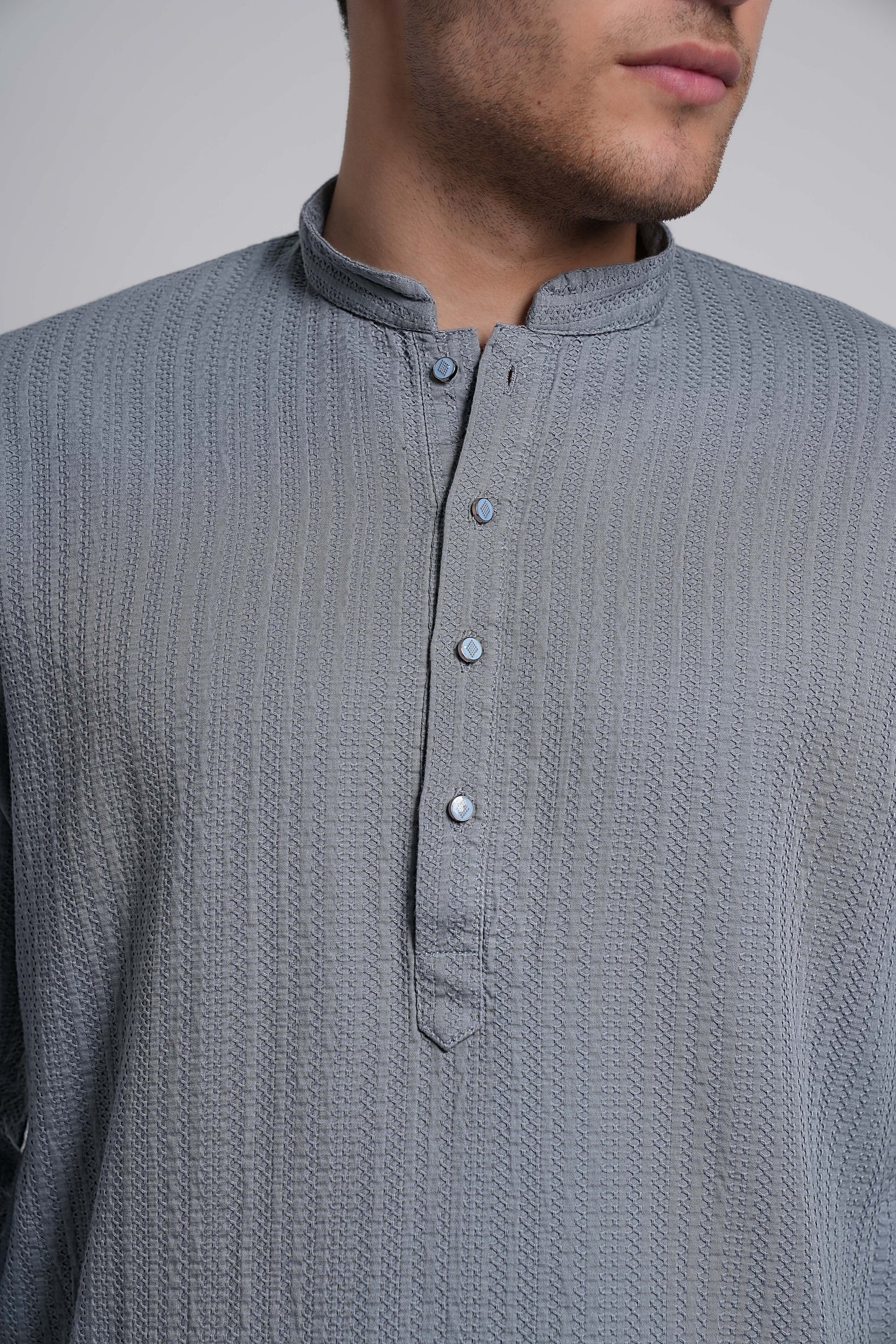 Light Steel Blue Workflow Cotton Long Kurta With Polo Pants Pajama - 10302