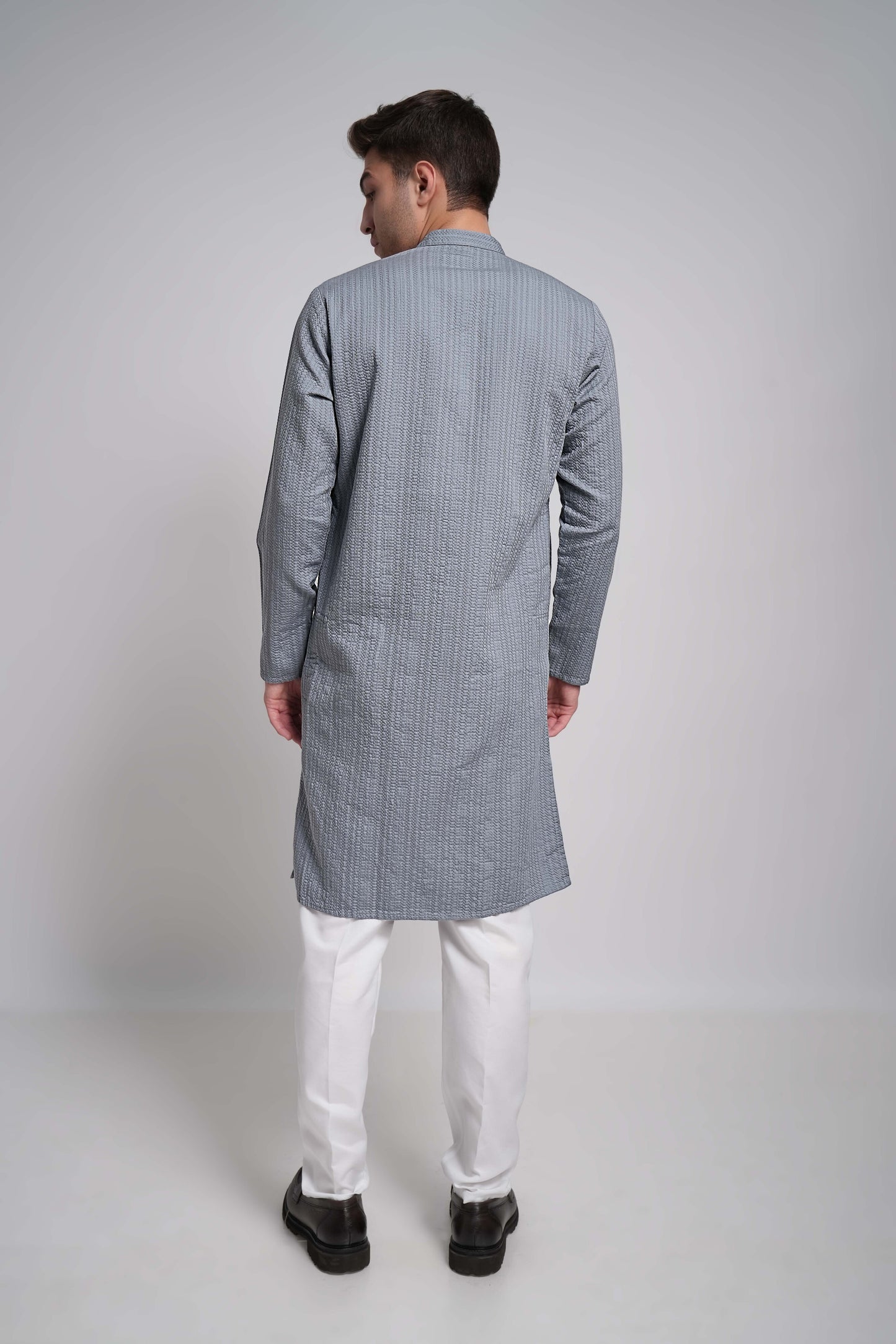 Light Steel Blue Workflow Cotton Long Kurta With Polo Pants Pajama - 10302