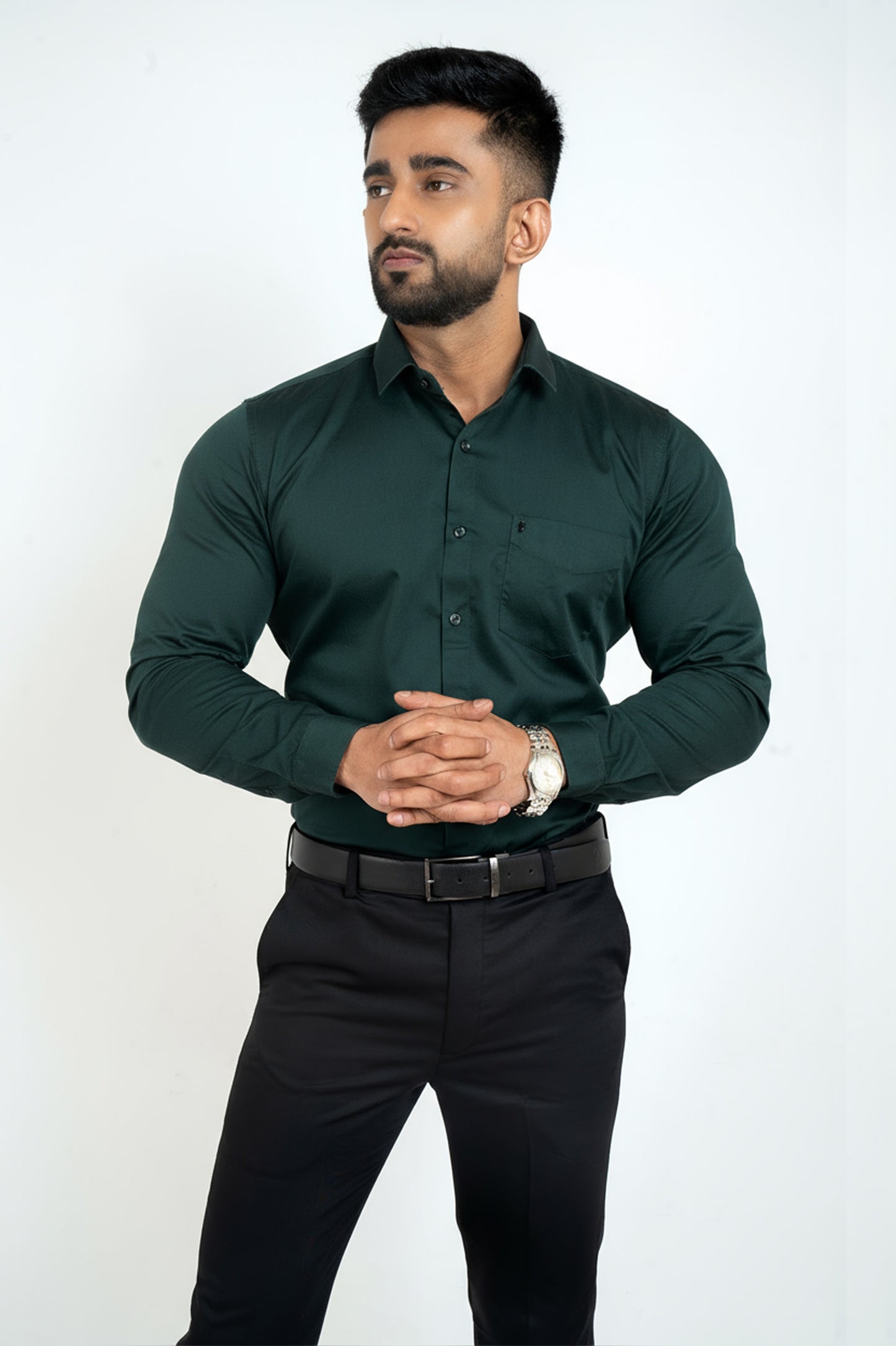 Garnier Dark Green Workflow Cotton Satin Solid Shirt