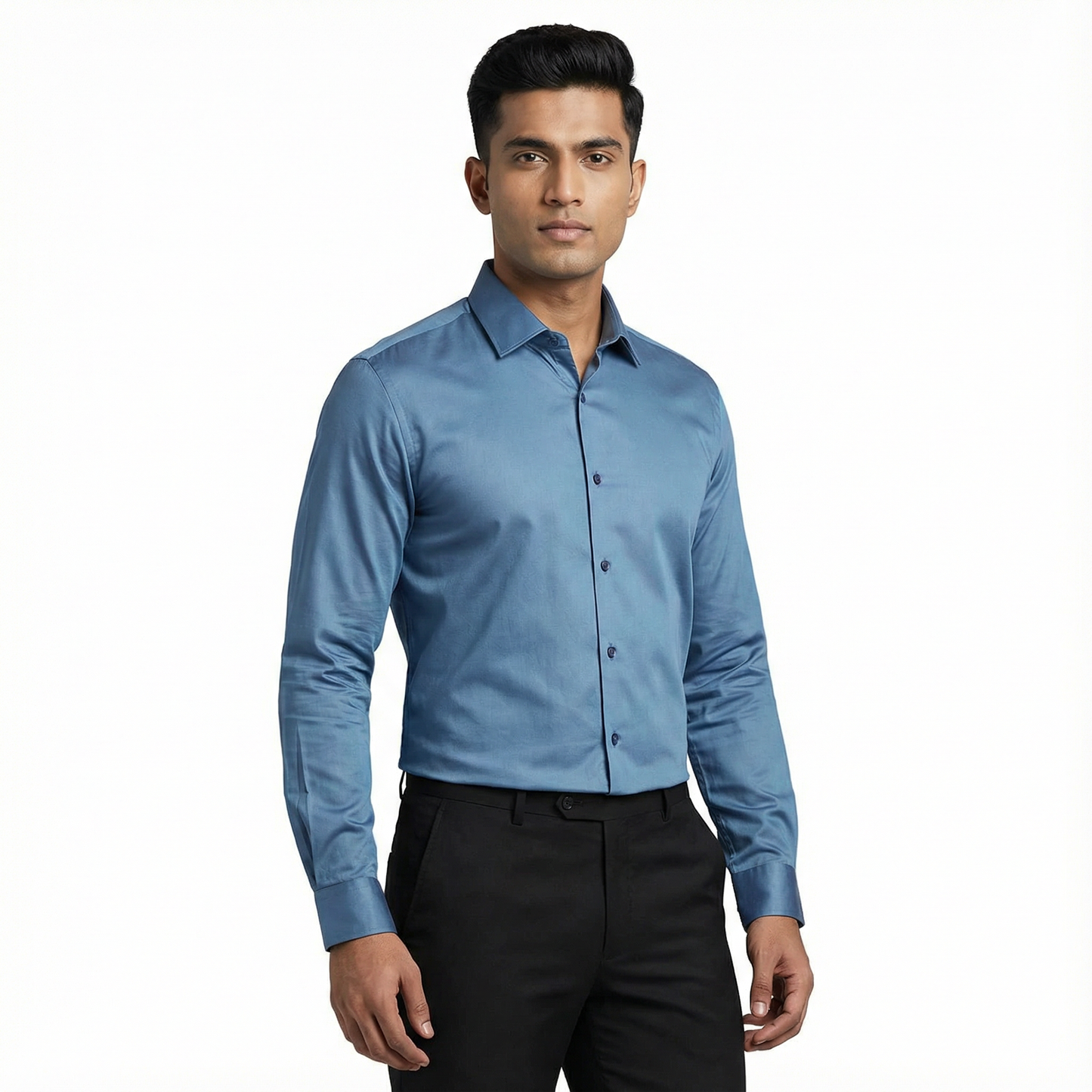 Workflow Cotton Satin Solid Shirt - Blue Opal