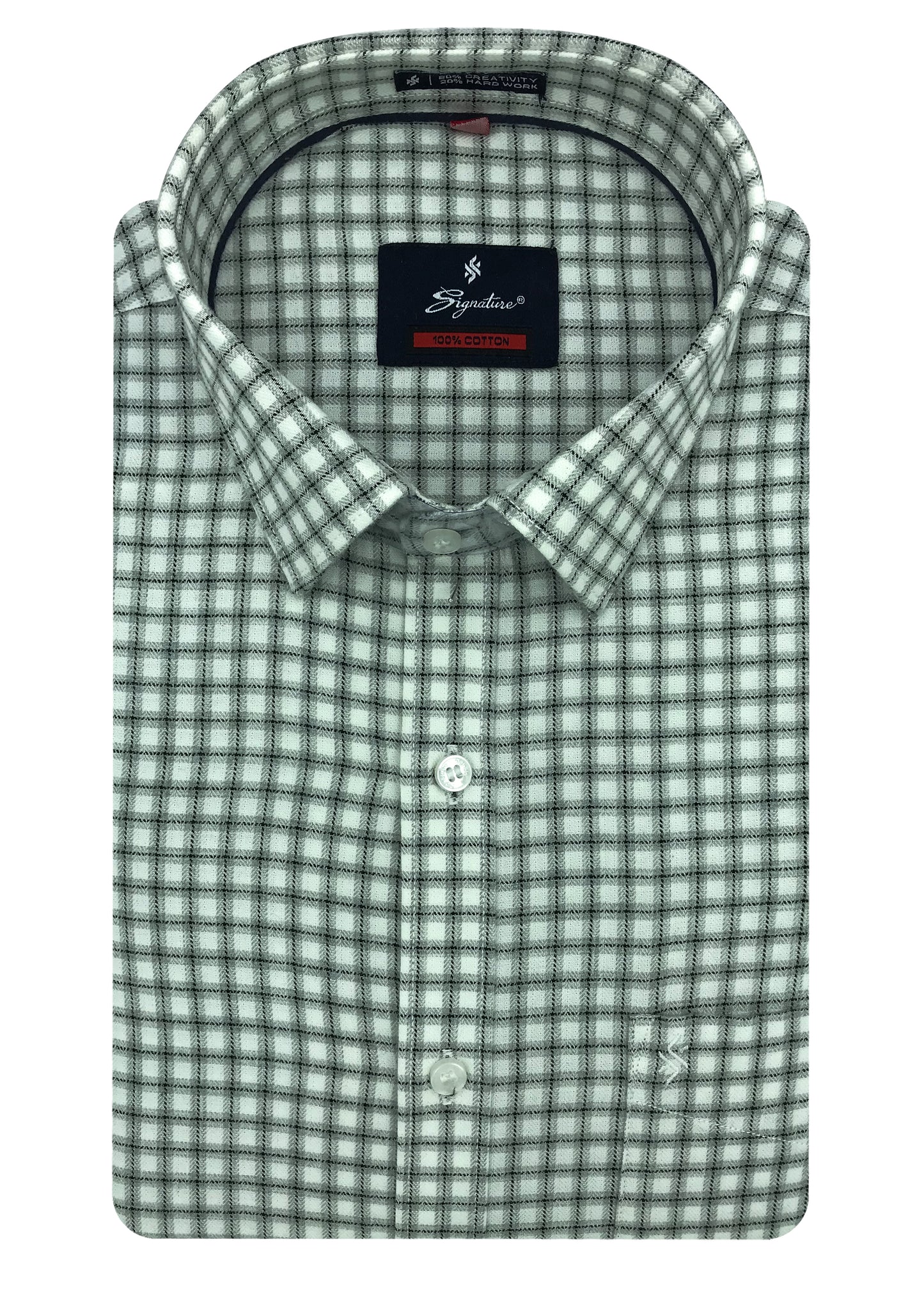 Tailored Business Casual Shirt, White And Green Gingam Checks