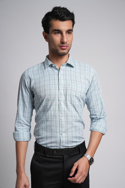 Iceberg Blue Workflow Cotton Checks Shirt - 7759