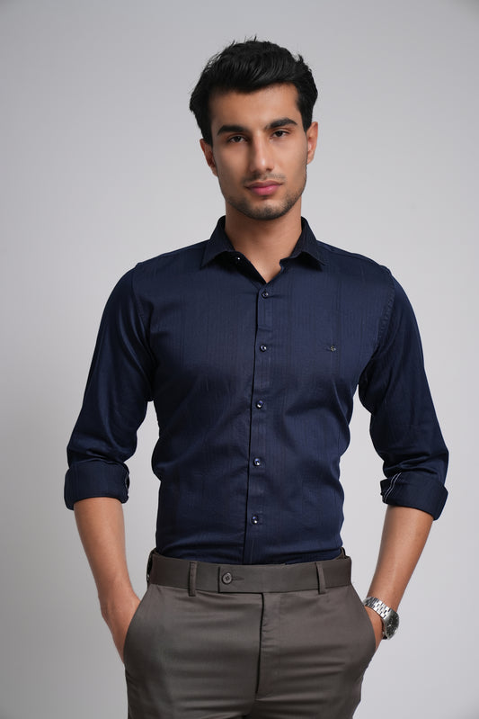 Navy Blue Workflow Cotton Blend Solid Shirt - 7828