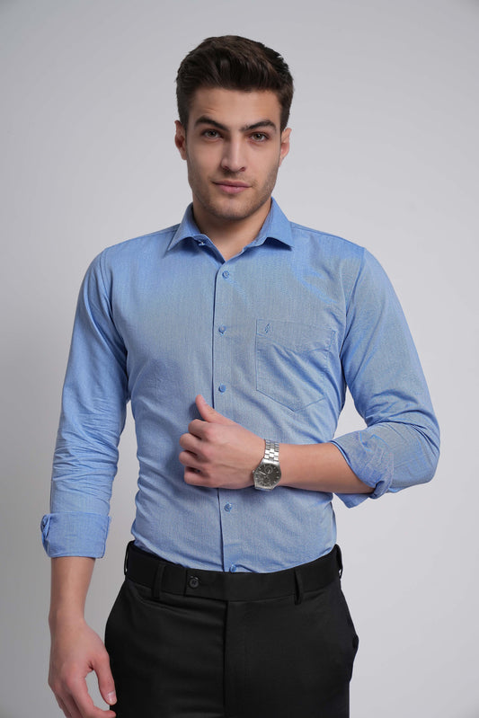 Sky Blue Workflow Cotton Blend Solid Shirt - 7668