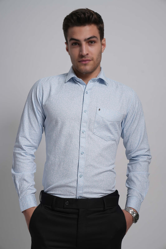 Sky Blue Workflow Cotton Print Shirt - 7858