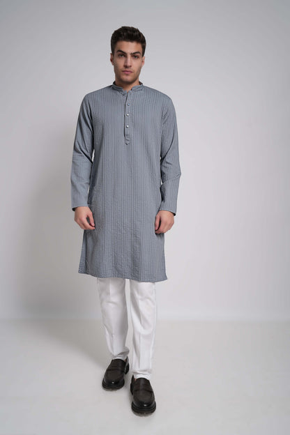 Light Steel Blue Workflow Cotton Long Kurta With Polo Pants Pajama - 10302