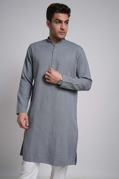 Light Steel Blue Workflow Cotton Long Kurta With Polo Pants Pajama - 10302