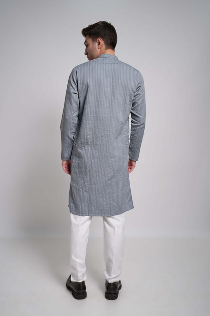 Light Steel Blue Workflow Cotton Long Kurta With Polo Pants Pajama - 10302