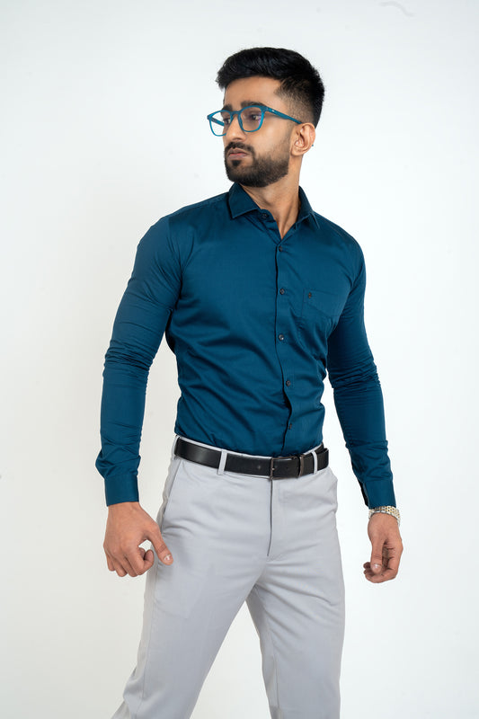 Blue Opal Workflow Cotton Satin Solid Shirt