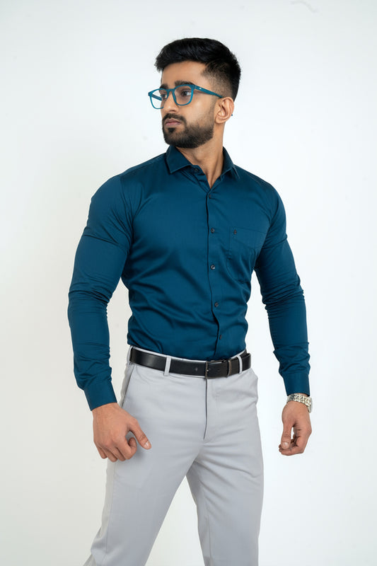 Blue Opal Workflow Cotton Satin Solid Shirt