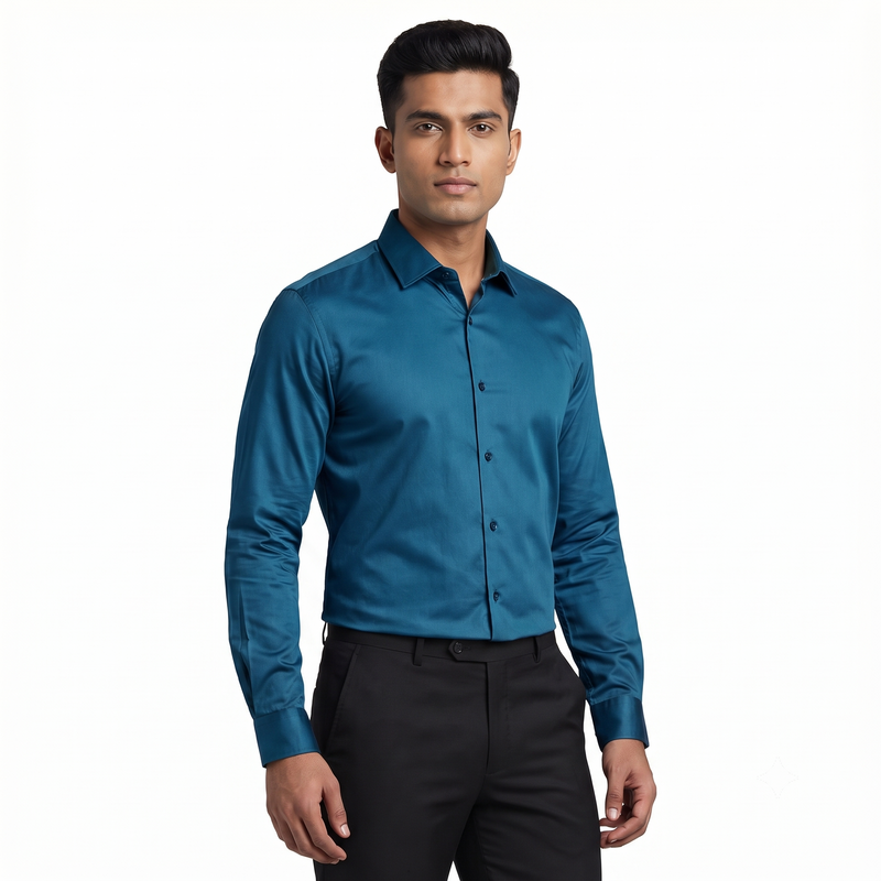 Workflow Cotton Satin Solid Shirt - Blue Opal